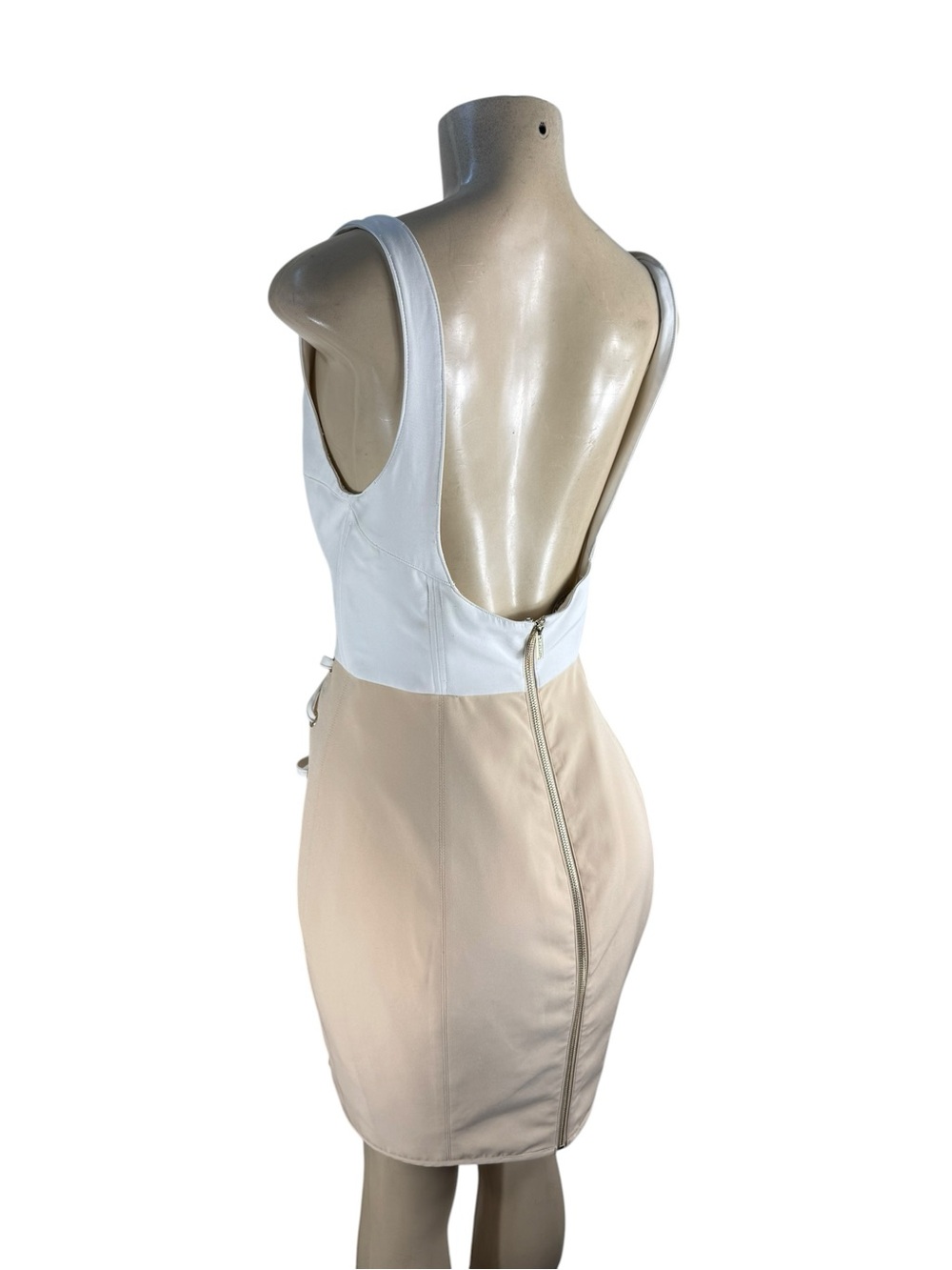 HOUSE OF CB White Corset Bodice & Beige Lace-Up Mini Dress Size Medium - Picture 5 of 8